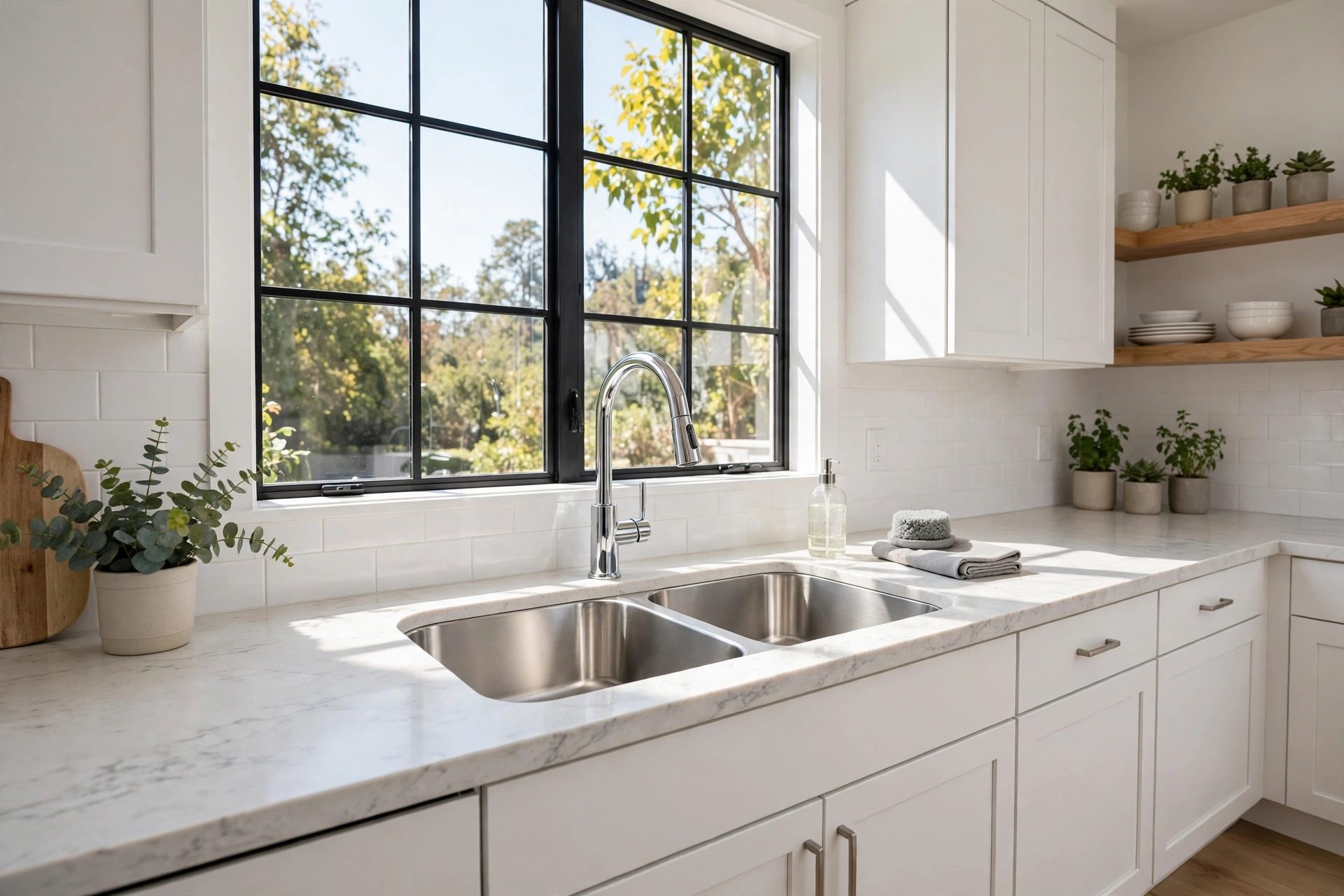Clean modern kitchen sink in a Brea home