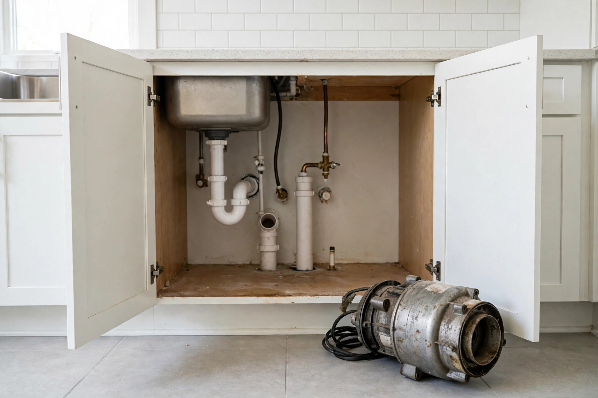 Old removed garbage disposal unit beside an open under-sink cabinet