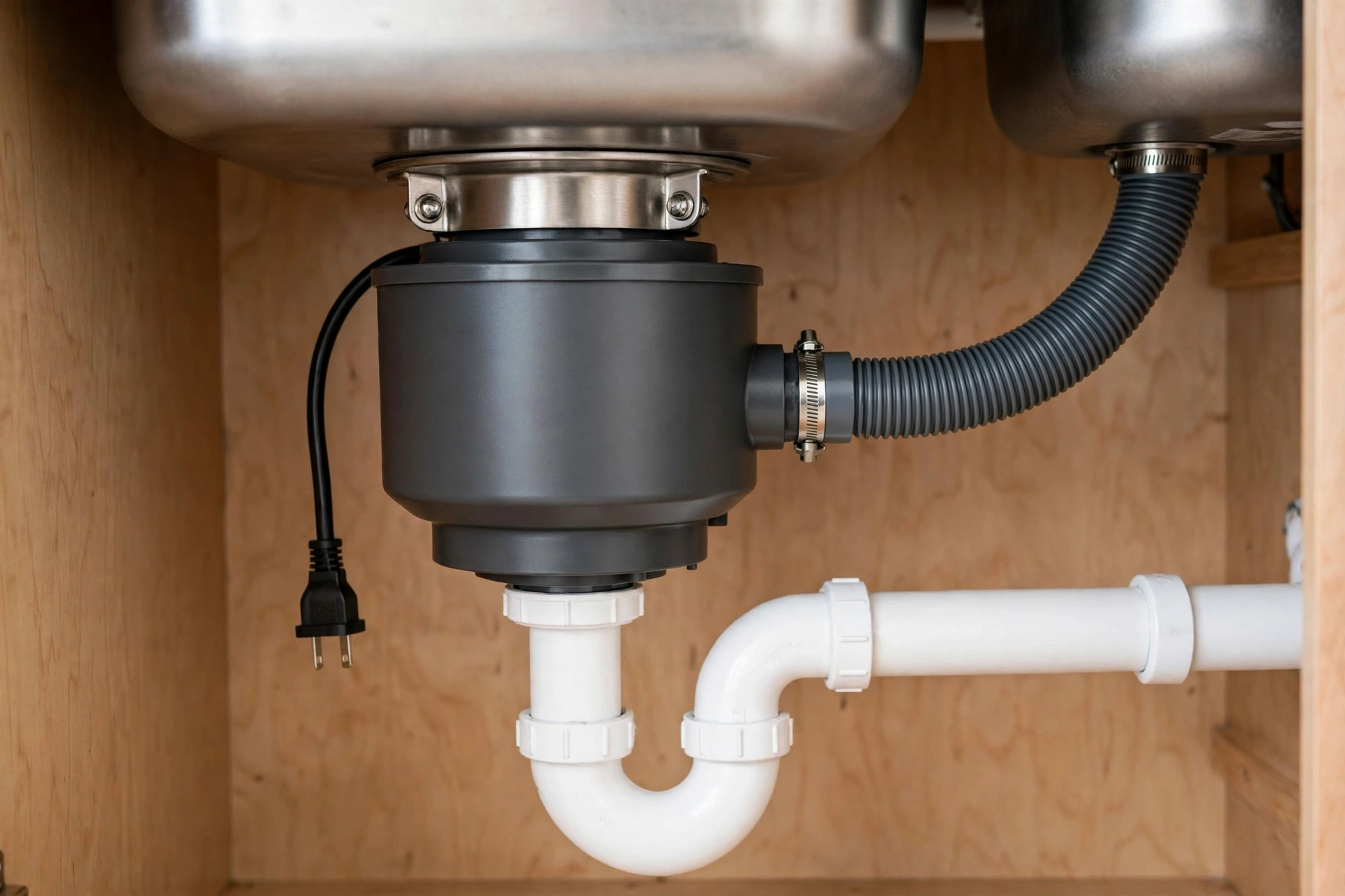 Garbage disposal unit mounted under a kitchen sink